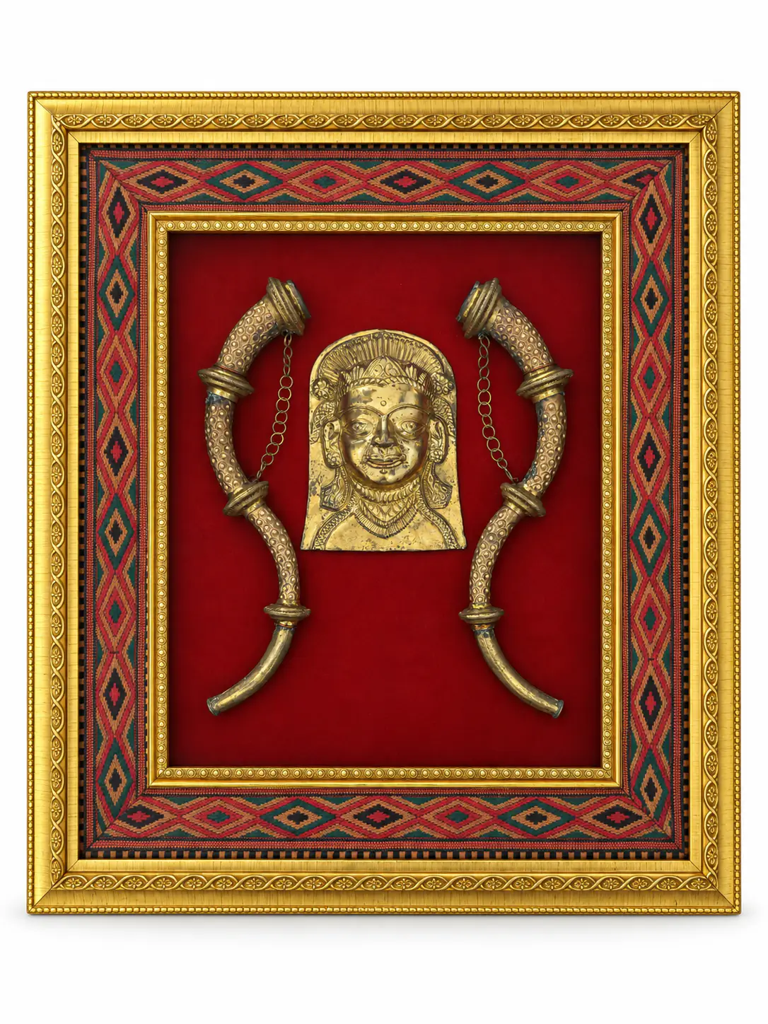 Full view of the framed Dev Mukh with paired Narsingha on white
